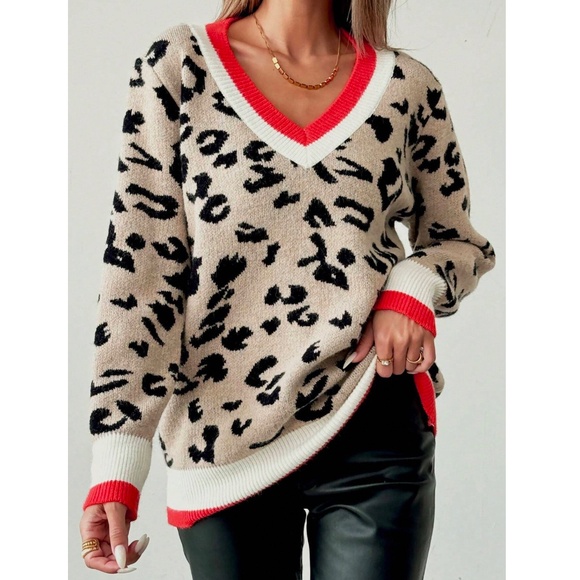 Animal Print Cheetah V-Neck Contrast Binding Knit Sweater Beige - Picture 3 of 7
